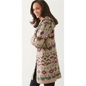 J. Jill Aztec Lenox Hooded 2 Pocket Knit Cardigan Topper with Kilt Pin